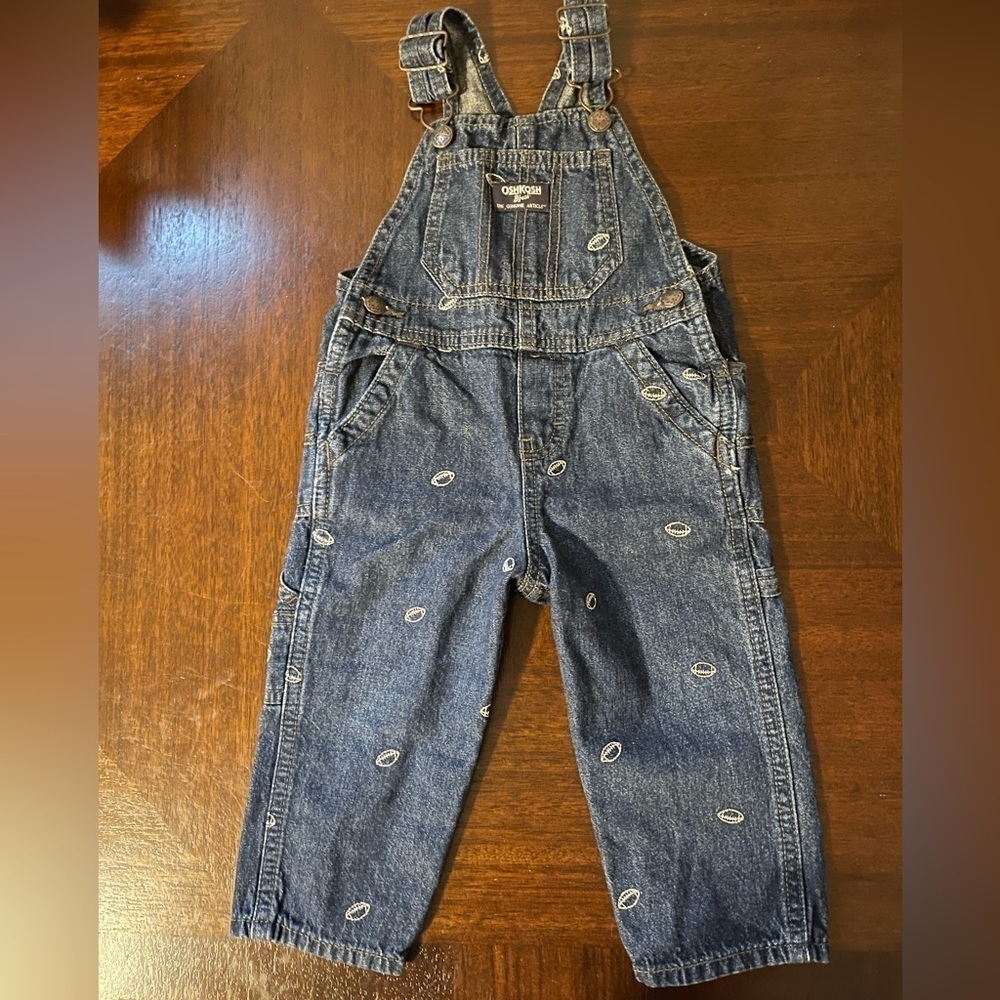 OshKosh B’Gosh | Denim Overalls with Footballs | 18 mo